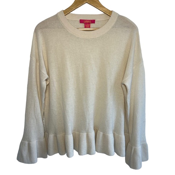 Catherine Malangrino Size Large 100% Cashmere Bell Cuff Ruffle Hem Sweater Cream - Picture 1 of 7